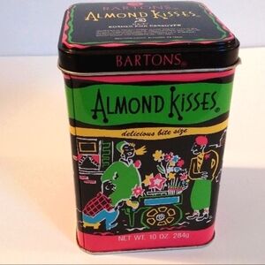 Bartons Almond Kisses Tin Graphic Candy Tin Black Green Pink Yellow